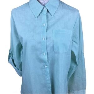 Women's Green Pinstriped Roll Tab Long Sleeve Button Shirt Top Size 1X